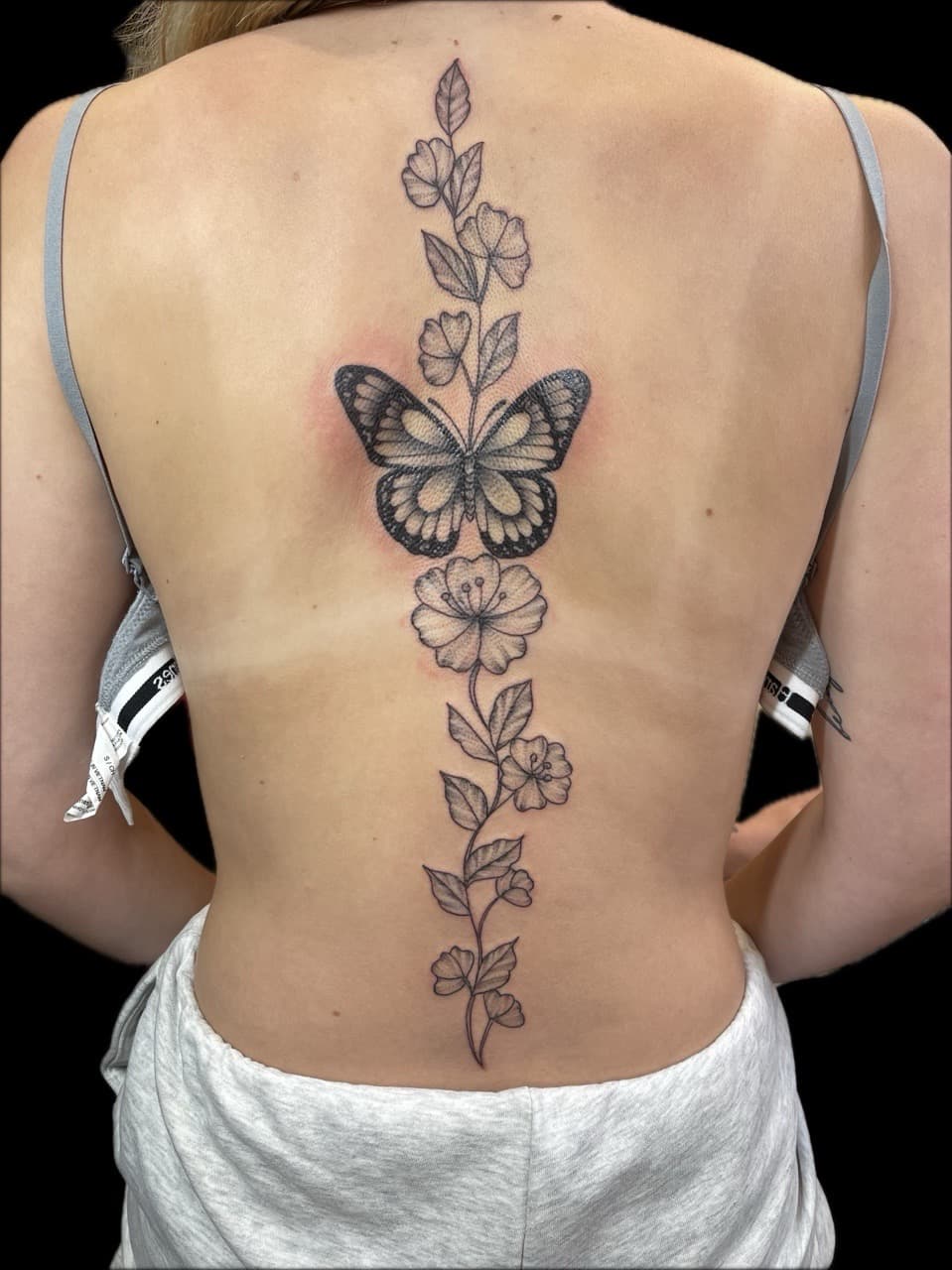 Fine Line + Black & Grey butterfly tattoo on Spine by Carmela_Bella on TattMe