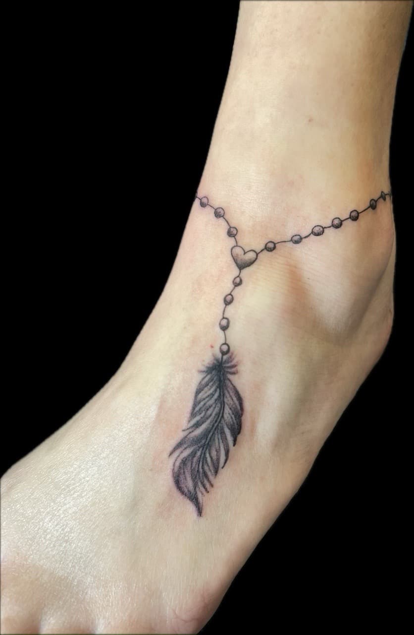Fine Line + Black & Grey feather tattoo on Ankle by Carmela_Bella on TattMe