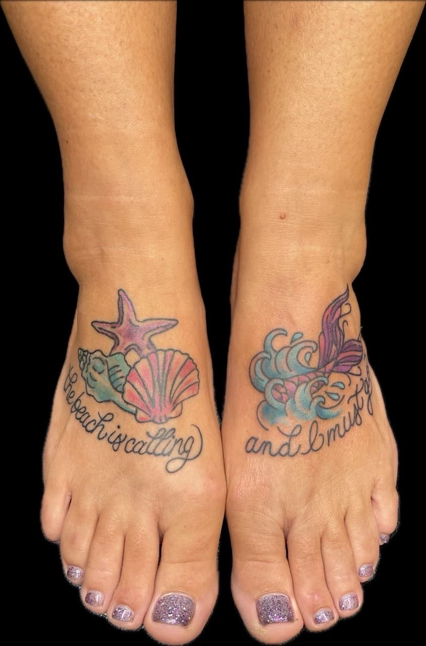 Color + Lettering starfish tattoo on Foot by Carmela_Bella on TattMe