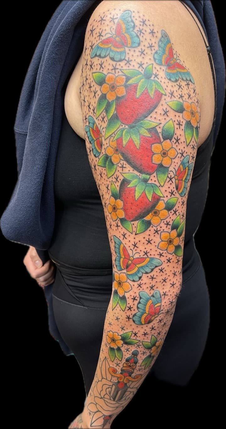 Traditional + American Traditional strawberries tattoo on Upper Arm by Carmela_Bella on TattMe