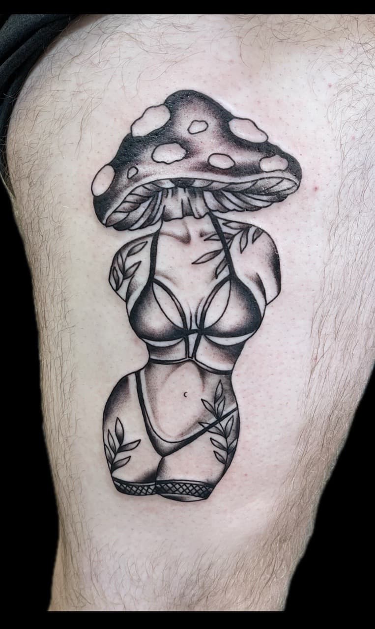 Black & Grey + Illustrative mushroom tattoo on Thigh by Carmela_Bella on TattMe