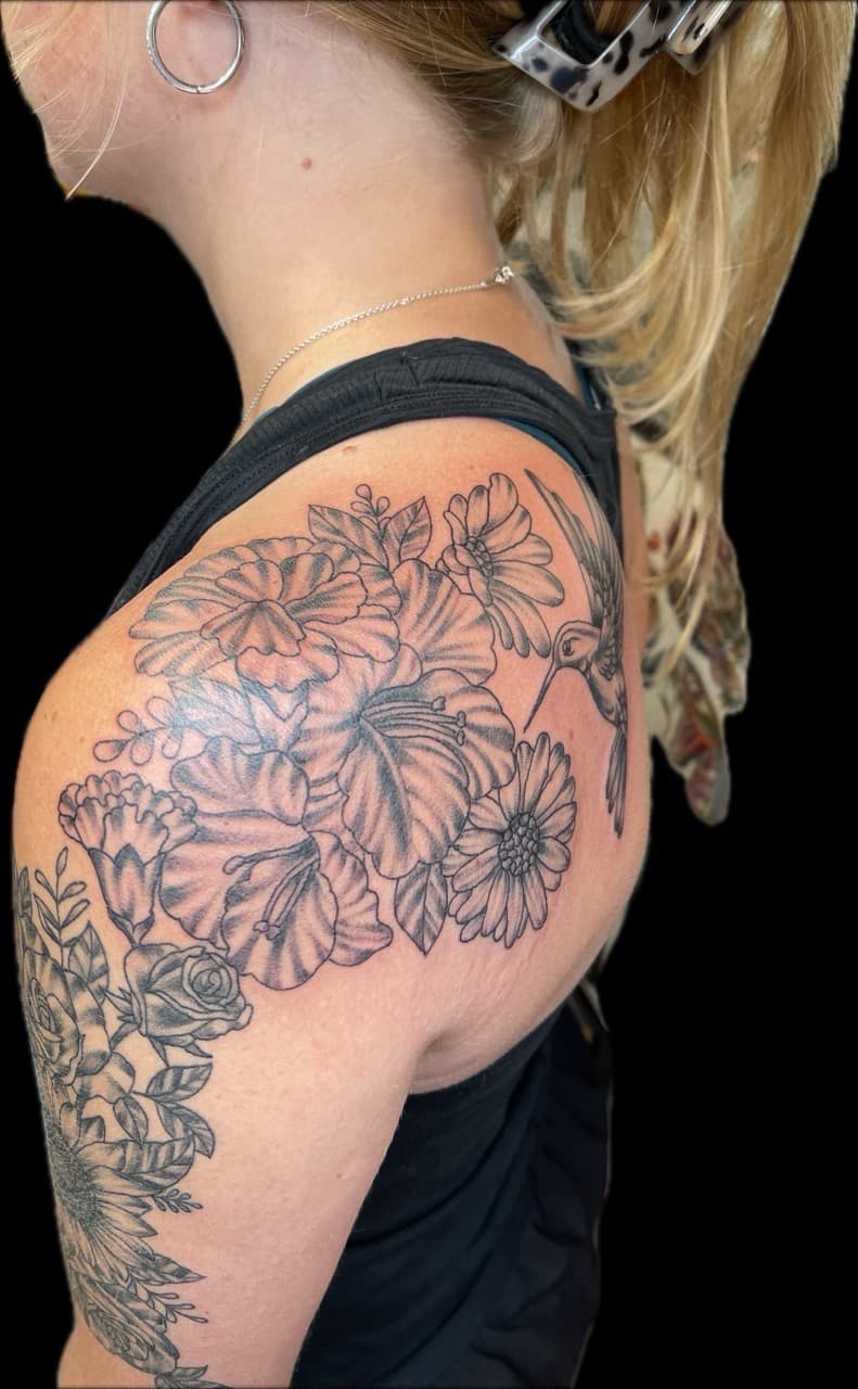 Floral + Black & Grey flowers tattoo on Shoulder by Carmela_Bella on TattMe