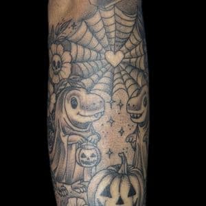 Black & Grey + Dot-work dinosaurs tattoo on Forearm by Carmela_Bella on TattMe