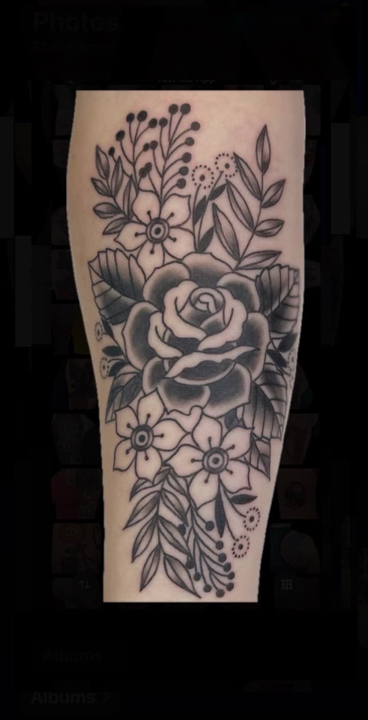 Floral + Black & Grey rose tattoo on Forearm by Carmela_Bella on TattMe