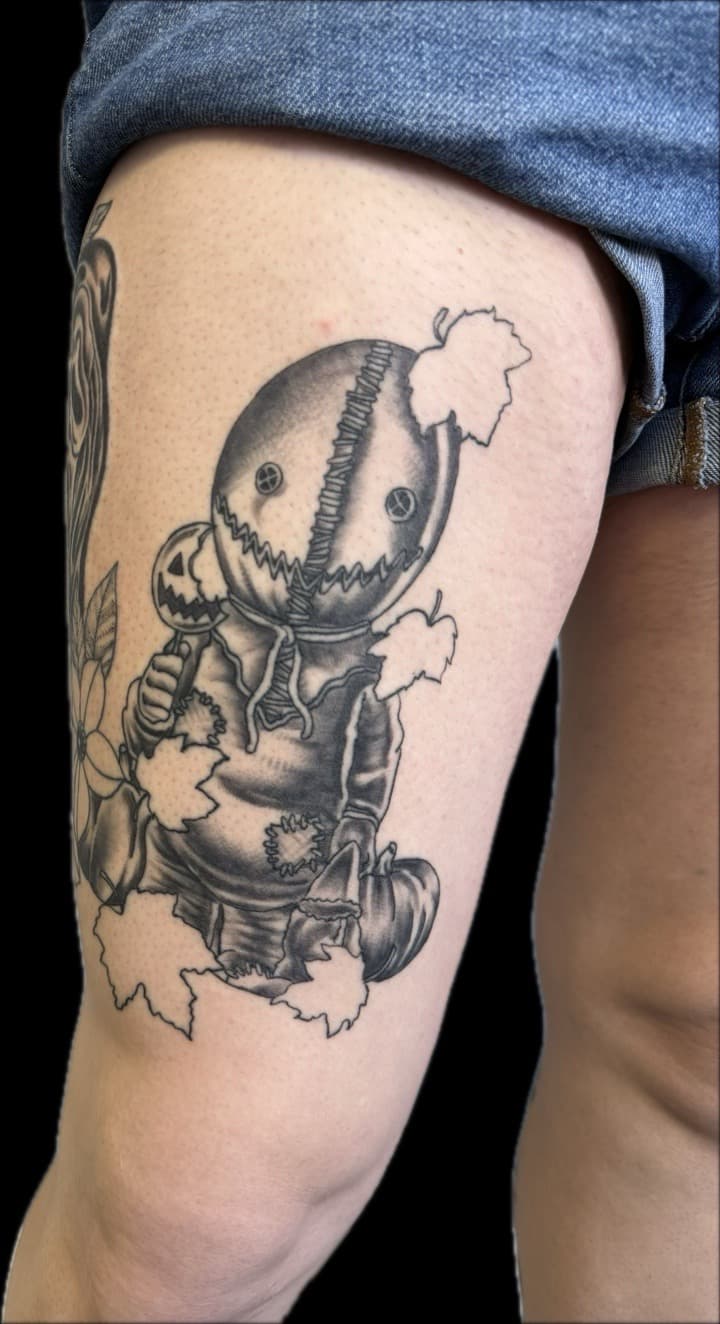 Black & Grey + Illustrative sam character tattoo on Thigh by Carmela_Bella on TattMe