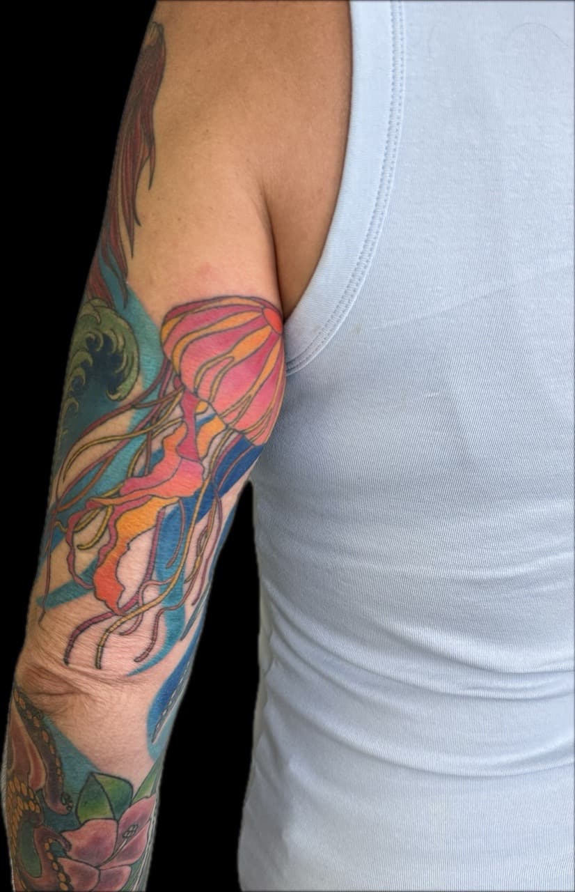 Color + Illustrative jellyfish tattoo on Half Sleeve by Carmela_Bella on TattMe