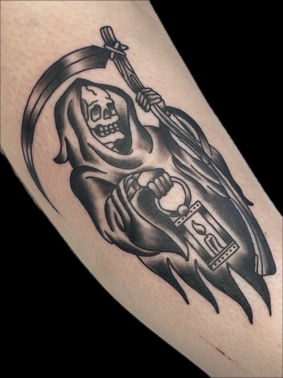 Traditional + American Traditional grim reaper tattoo on Shin by Carmela_Bella on TattMe