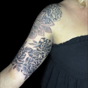 Black & Grey + Floral flowers tattoo on Half Sleeve by Carmela_Bella on TattMe
