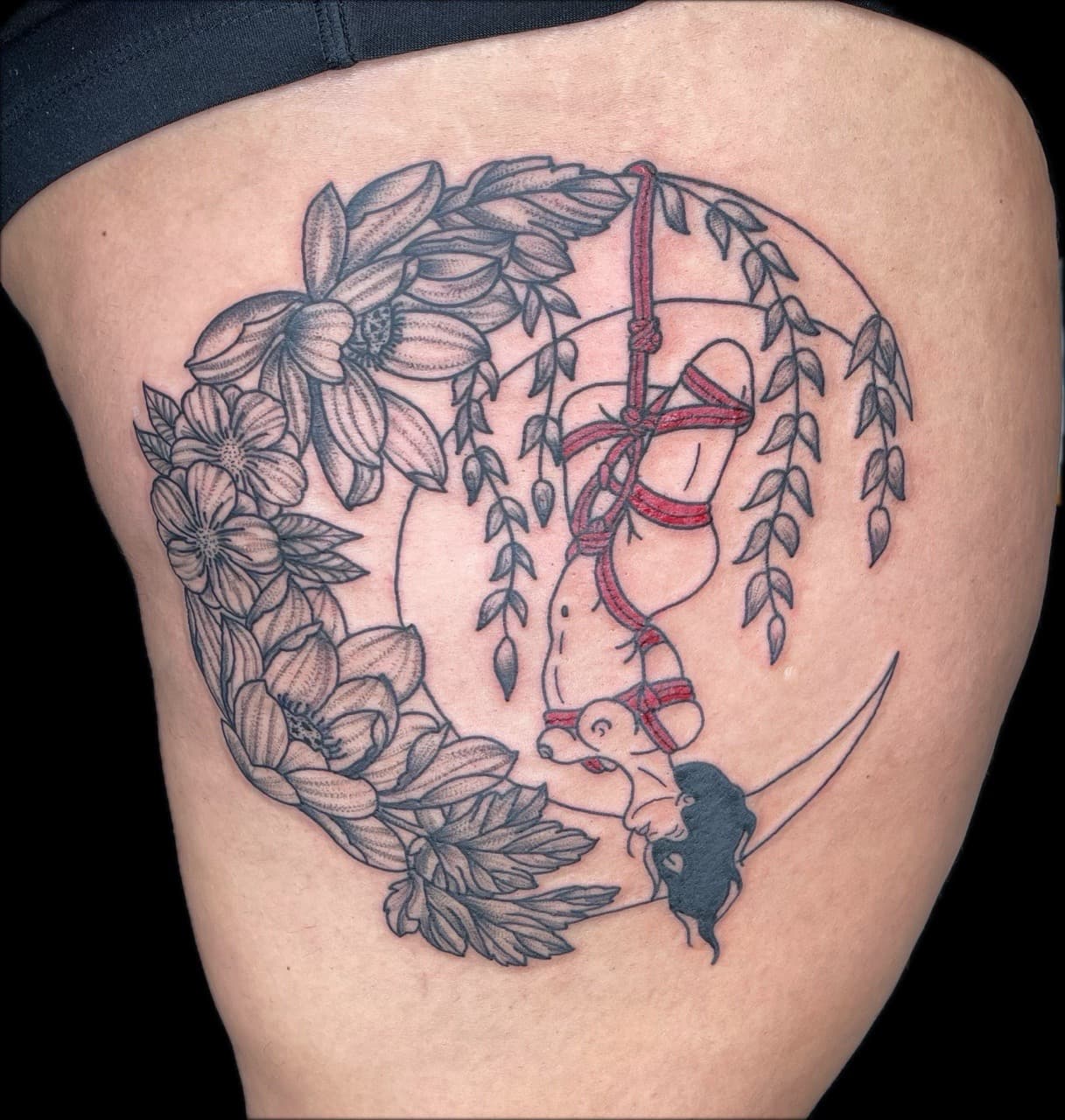 Illustrative + Black & Grey moon tattoo on Thigh by Carmela_Bella on TattMe