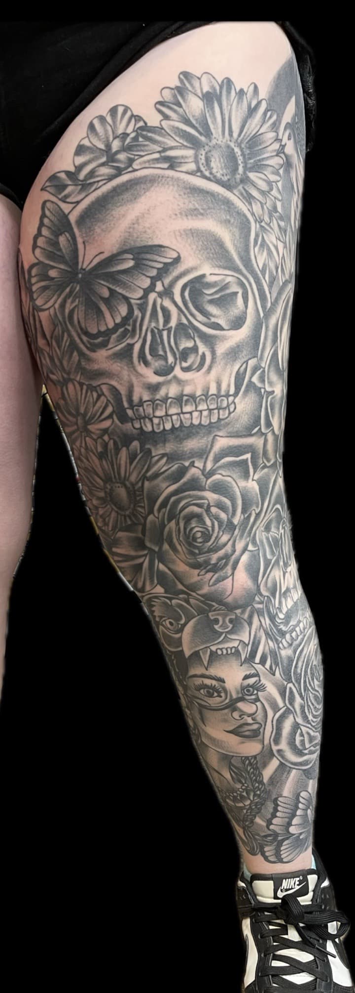 Black & Grey + Illustrative skull tattoo on Full Leg Sleeve by Carmela_Bella on TattMe