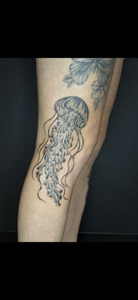 Black-work + Neo-Traditional jellyfish tattoo on Knee by Carmela_Bella on TattMe