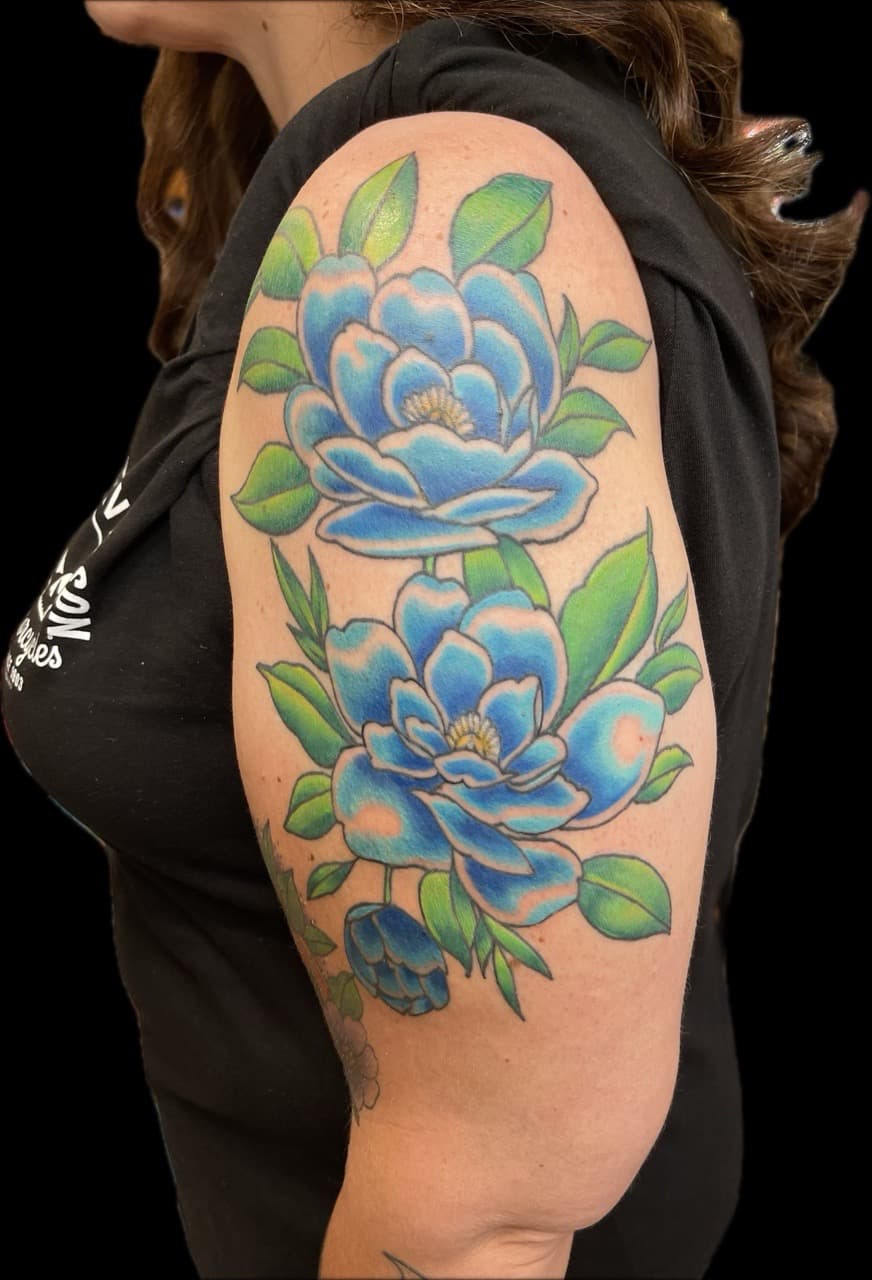 Floral + Color flowers tattoo on Upper Arm by Carmela_Bella on TattMe