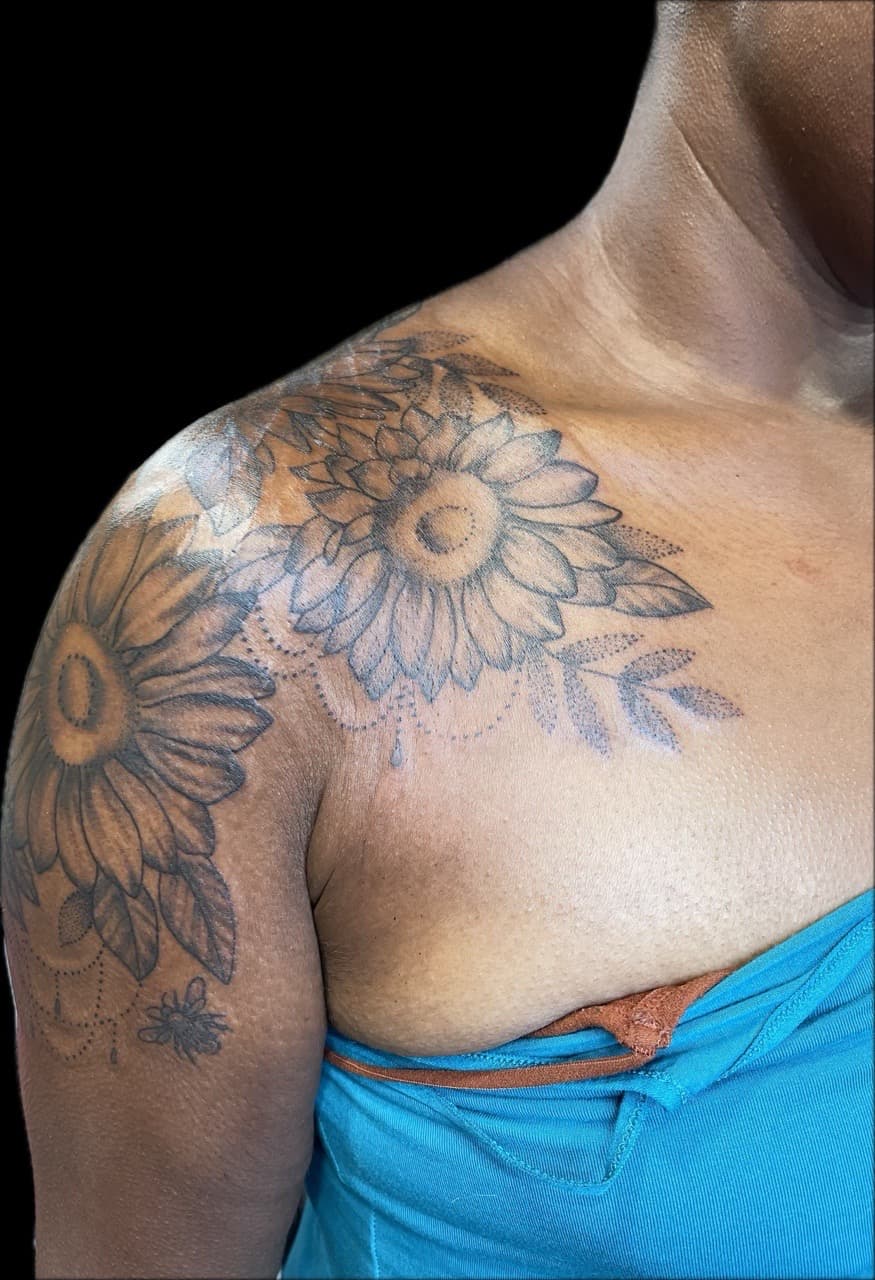 Fine Line + Black & Grey sunflowers tattoo on Shoulder by Carmela_Bella on TattMe