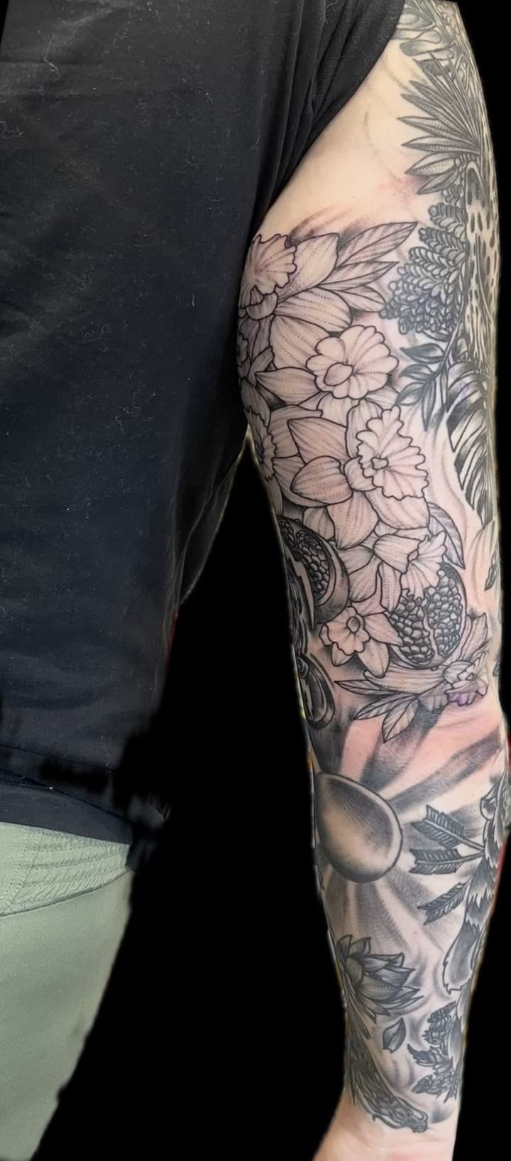 Black & Grey + Floral flowers tattoo on Full Sleeve by Carmela_Bella on TattMe