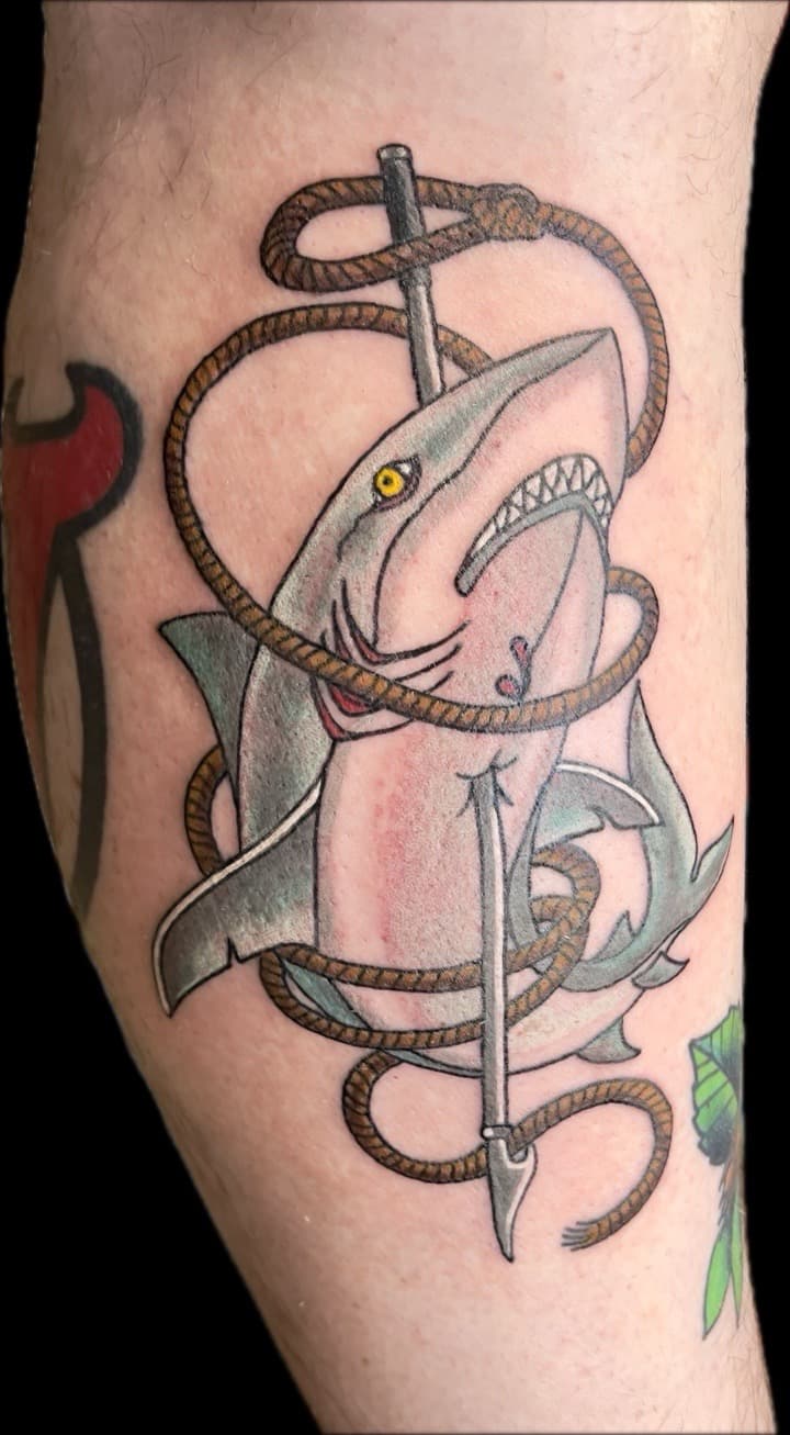 Traditional + Color shark tattoo on Calf by Carmela_Bella on TattMe