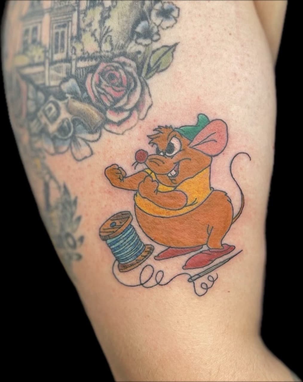 Cartoon + Color mouse tattoo on Upper Arm by Carmela_Bella on TattMe