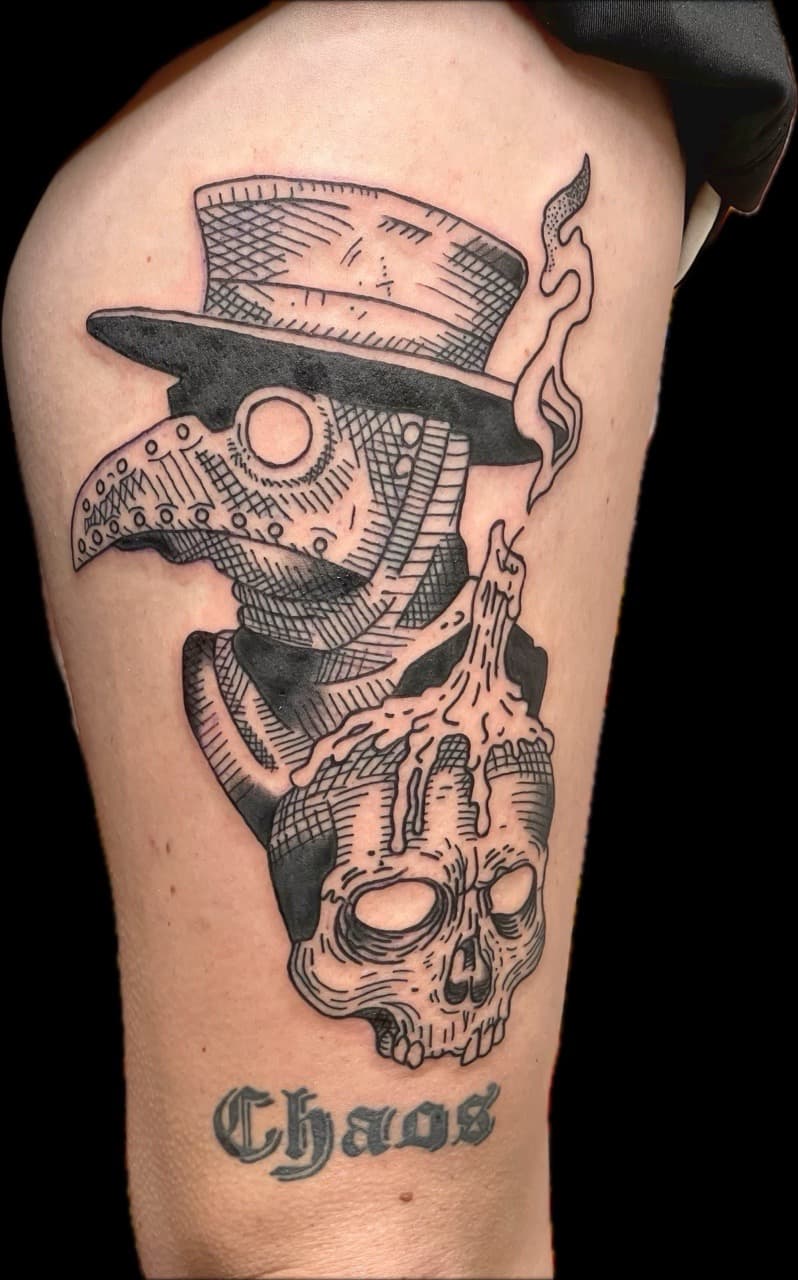 Black & Grey + Illustrative plague doctor tattoo on Thigh by Carmela_Bella on TattMe