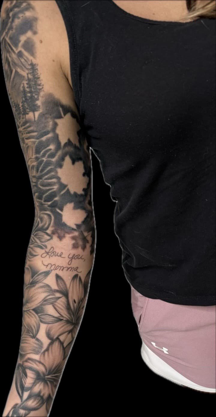 Black & Grey + Floral flowers tattoo on Full Sleeve by Carmela_Bella on TattMe