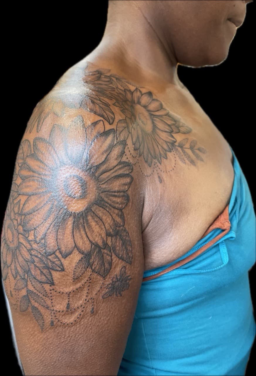 Floral + Black-work sunflowers tattoo on Shoulder by Carmela_Bella on TattMe