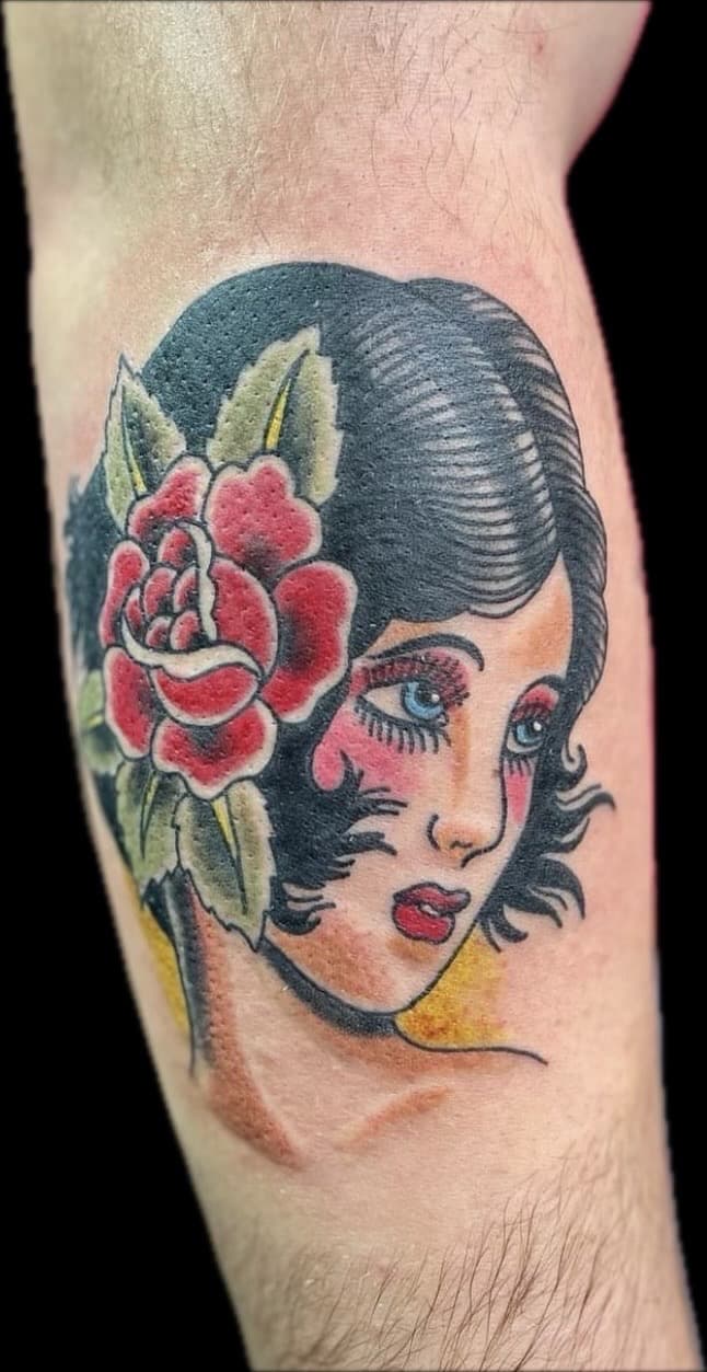 Traditional + Color woman tattoo on Forearm by Carmela_Bella on TattMe