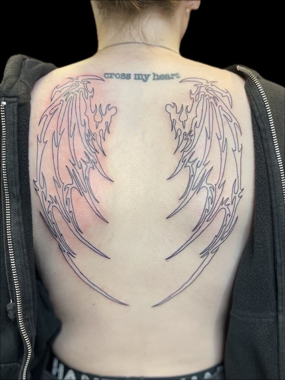 Tribal + Line-work wings tattoo on Upper Back by Carmela_Bella on TattMe