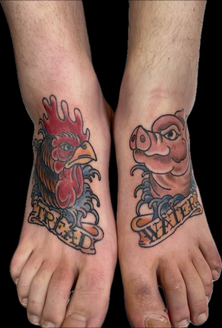 Traditional + American Traditional rooster tattoo on Foot by Carmela_Bella on TattMe