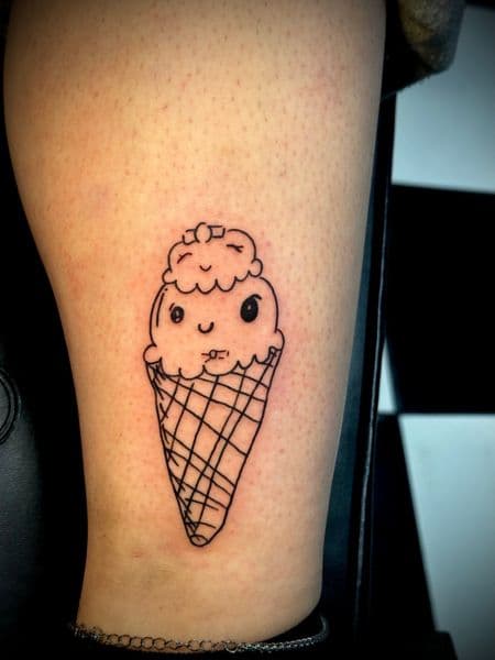 Line-work + Cartoon ice cream tattoo on Calf by Jr on TattMe