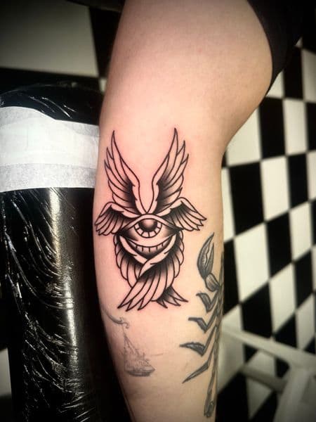 Traditional + Black & Grey eye tattoo on Upper Arm by Jr on TattMe