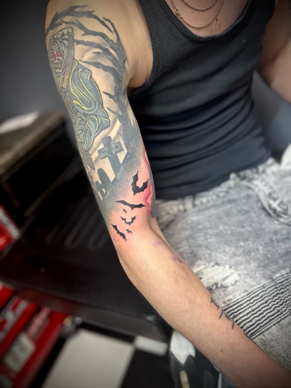 Traditional + Black & Grey grim reaper tattoo on Upper Arm by Jr on TattMe