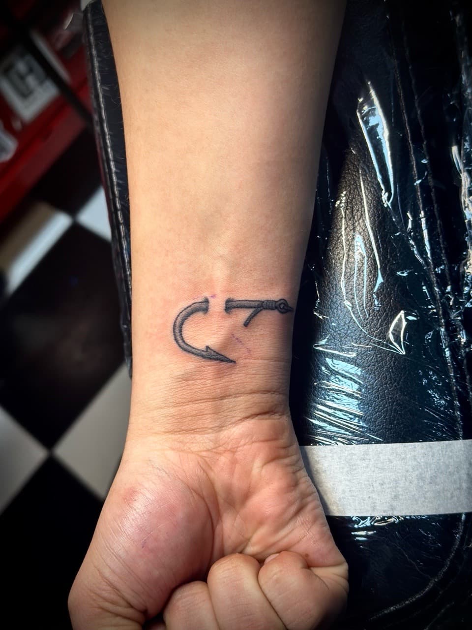Fine Line + Minimalist fishing hook tattoo on Wrist by Jr on TattMe