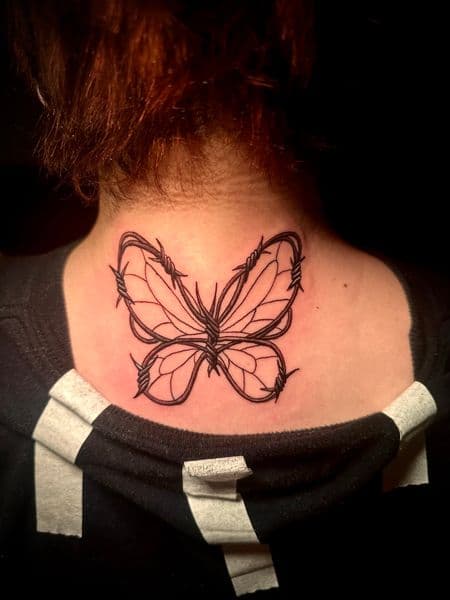 Black-work + Line-work butterfly tattoo on Neck (Back) by Jr on TattMe