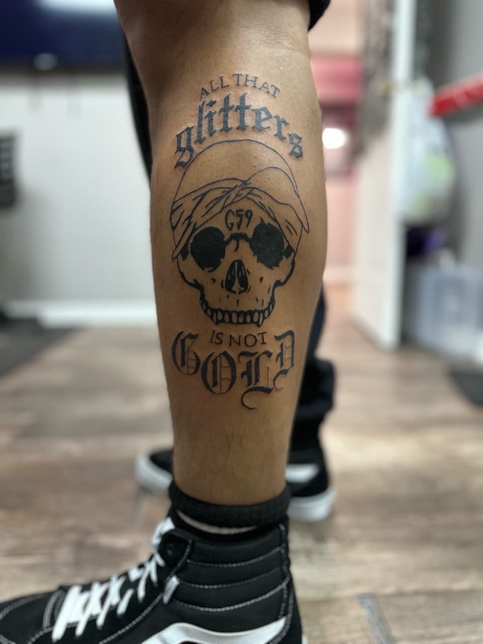 Lettering + Black-work skull tattoo on Calf by Jr on TattMe