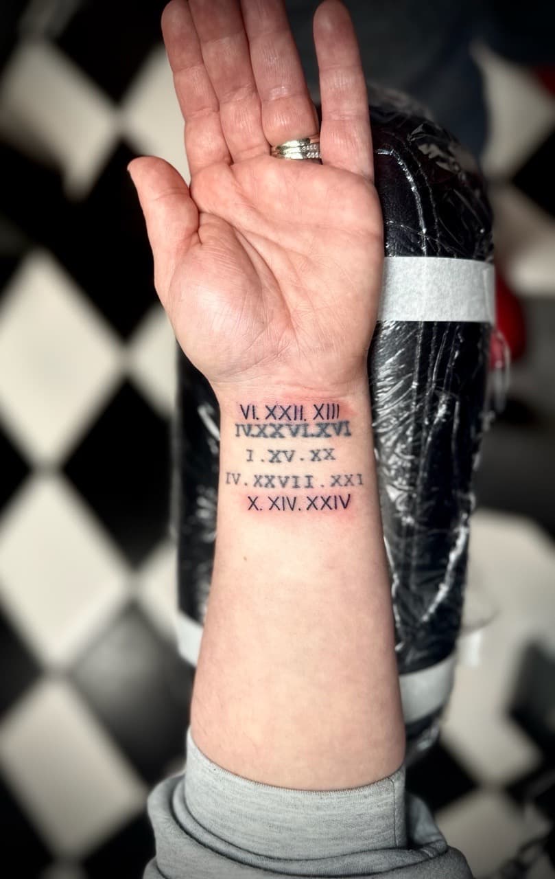 Lettering + Script roman numerals tattoo on Wrist by Jr on TattMe