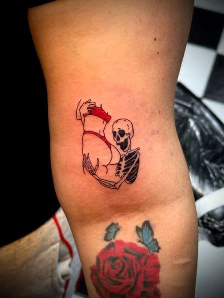 Fine Line + Illustrative skeleton tattoo on Upper Arm by Jr on TattMe
