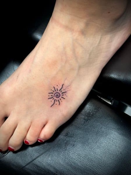 Fine Line + Minimalist sun tattoo on Foot by Jr on TattMe