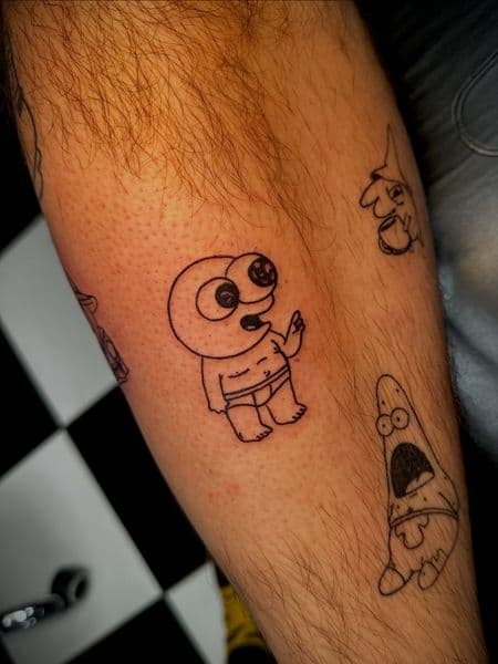 Line-work + Patchwork cartoon characters tattoo on Calf by Jr on TattMe