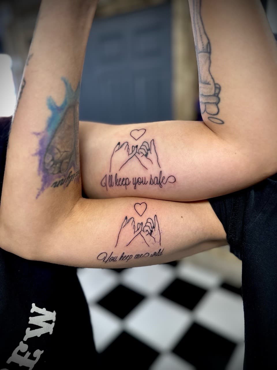 Fine Line + Lettering hands tattoo on Upper Arm by Jr on TattMe