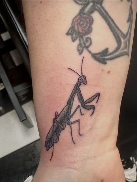 Black & Grey + Fine Line mantis tattoo on Wrist by Jr on TattMe