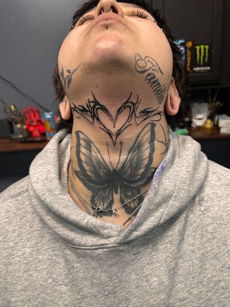 Black & Grey + Black-work heart tattoo on Neck (Front) by Jr on TattMe
