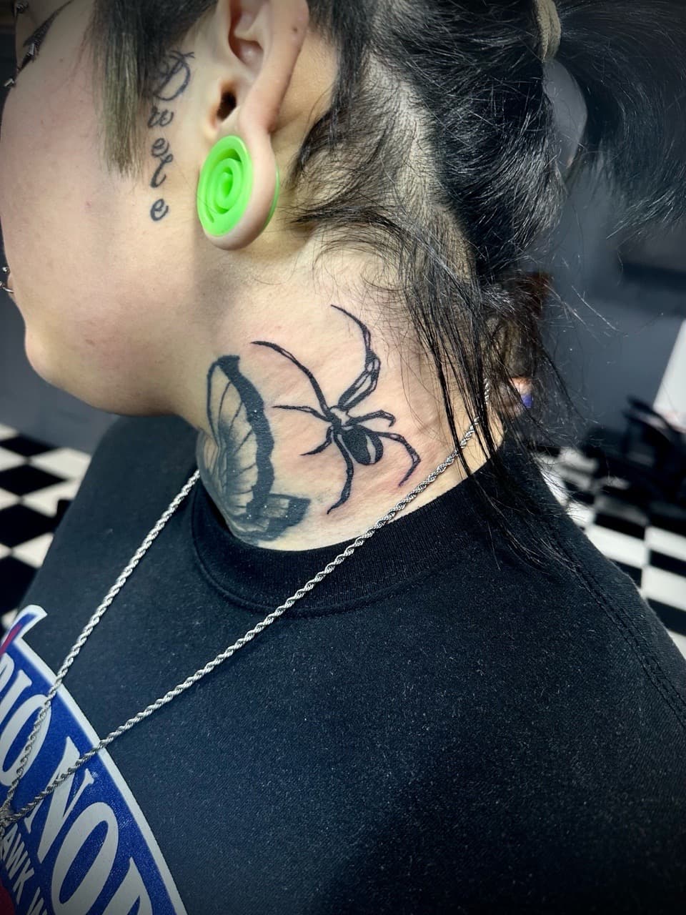 Black-work + Illustrative spider tattoo on Neck (Side) by Jr on TattMe