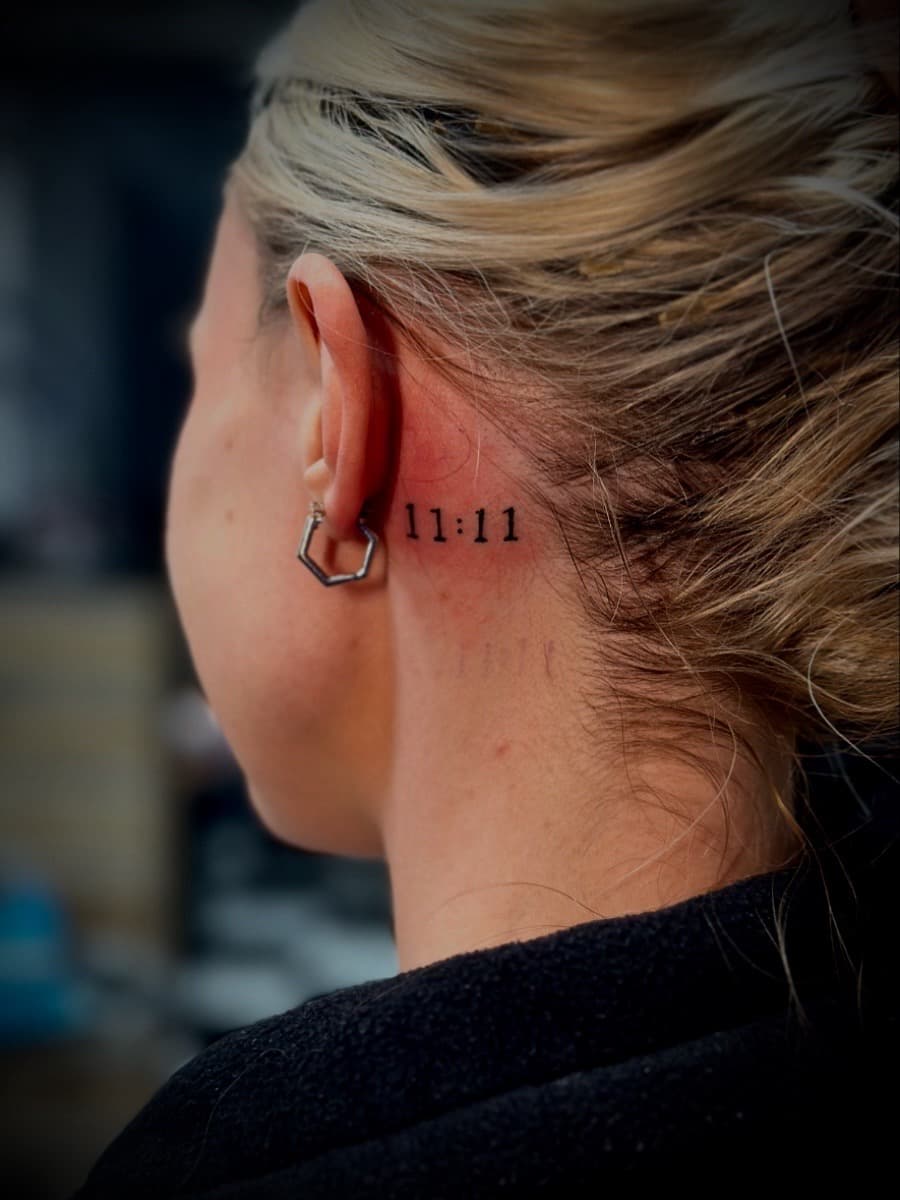 Fine Line + Minimalist numbers tattoo on Behind Ear by Jr on TattMe