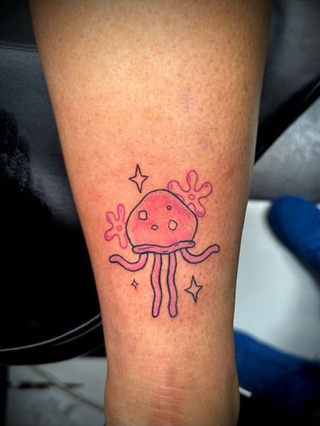 Color + Illustrative jellyfish tattoo on Calf by Jr on TattMe