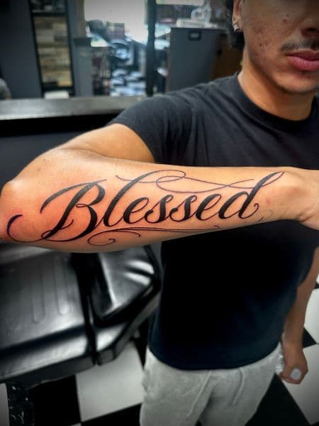 Line-work + Lettering lettering tattoo on Forearm by Jr on TattMe