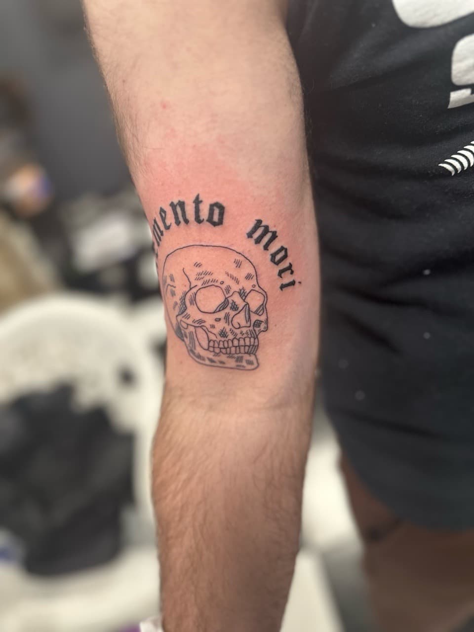 Fine Line + Black-work skull tattoo on Upper Arm by Jr on TattMe
