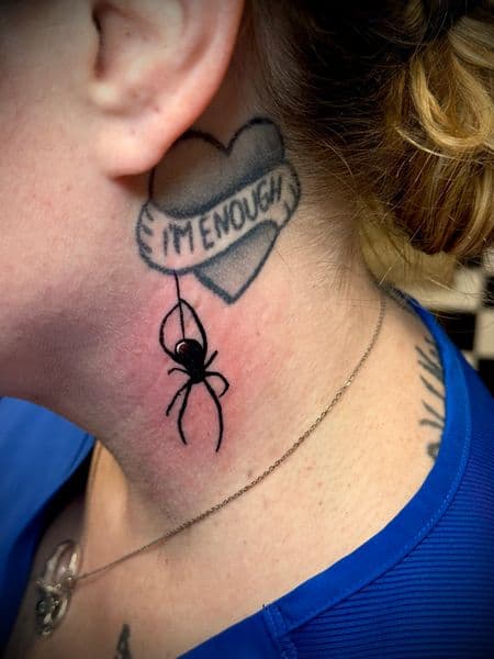 Black-work + Lettering spider tattoo on Neck (Side) by Jr on TattMe