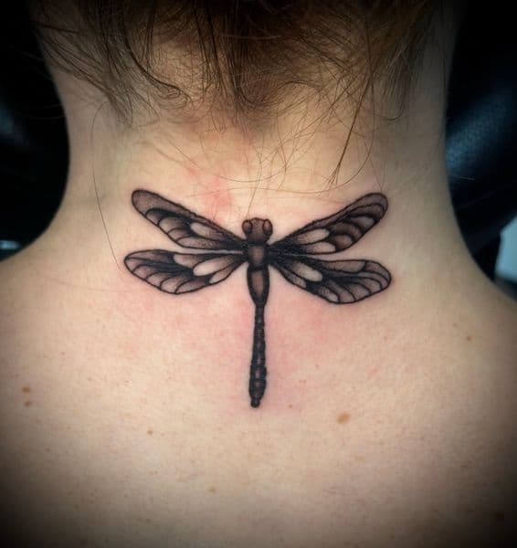 Black & Grey + Fine Line dragonfly tattoo on Neck (Back) by Jr on TattMe