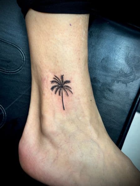 Fine Line + Black-work palm tree tattoo on Ankle by Jr on TattMe