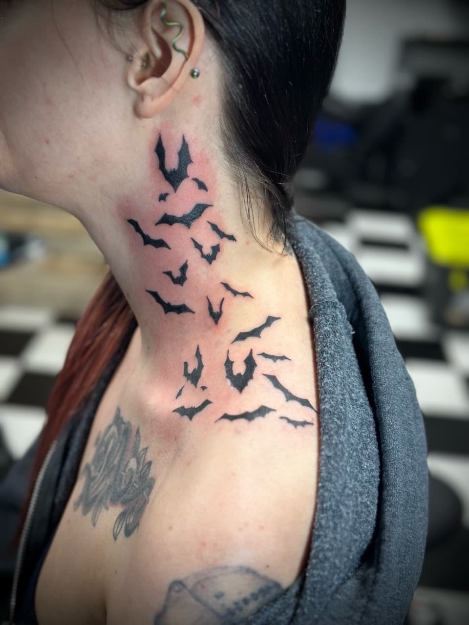 Black-work + Minimalist bats tattoo on Neck (Side) by Jr on TattMe