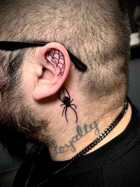 Fine Line + Black-work spider tattoo on Neck (Side) by Jr on TattMe