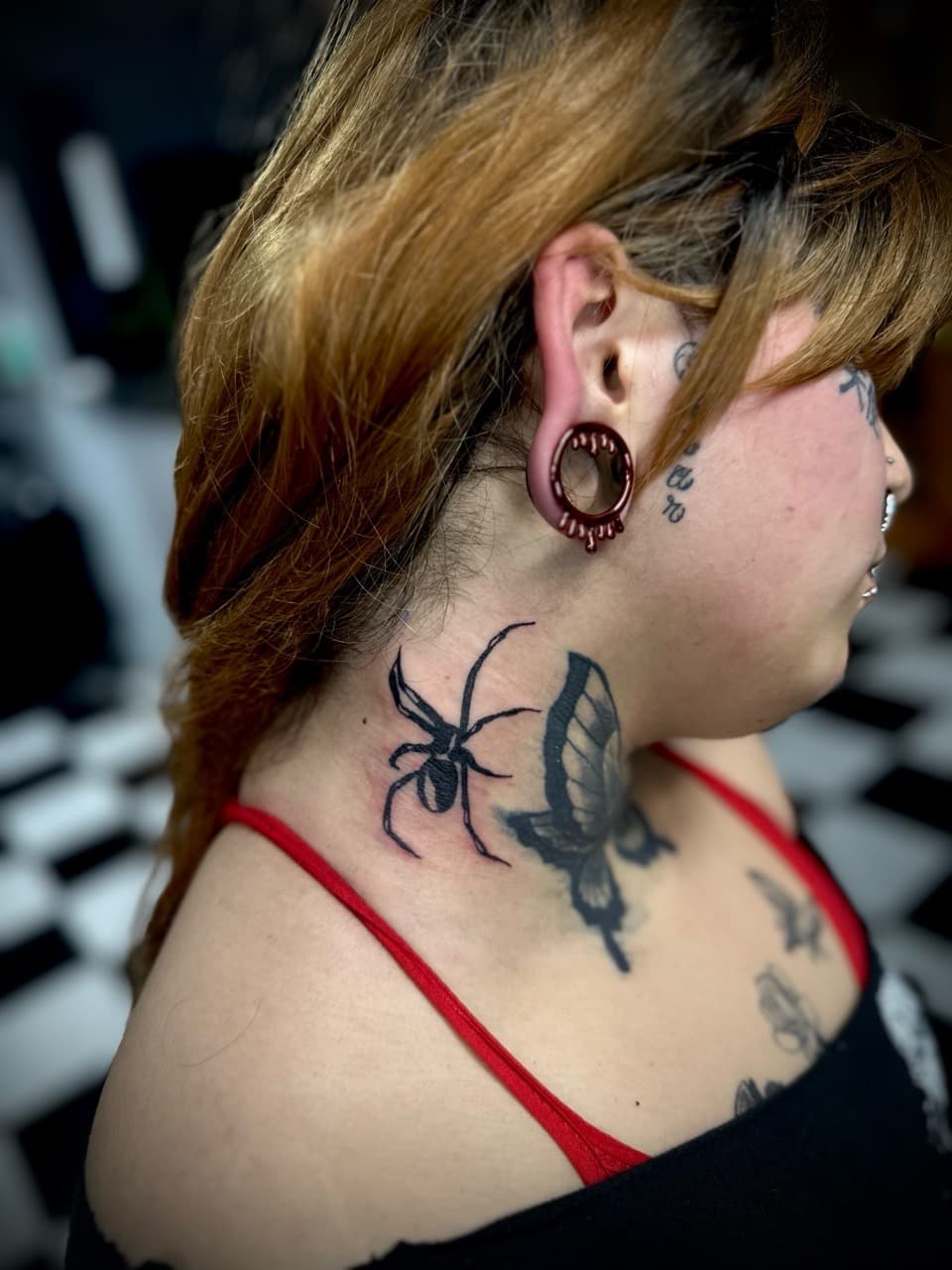 Black-work + Fine Line spider tattoo on Neck (Side) by Jr on TattMe